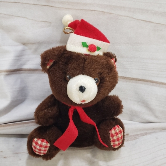 Fun World Christmas Teddy Bear Vintage Stuffed Toy Plaid Ears Feet 6 Inch - Picture 1 of 11